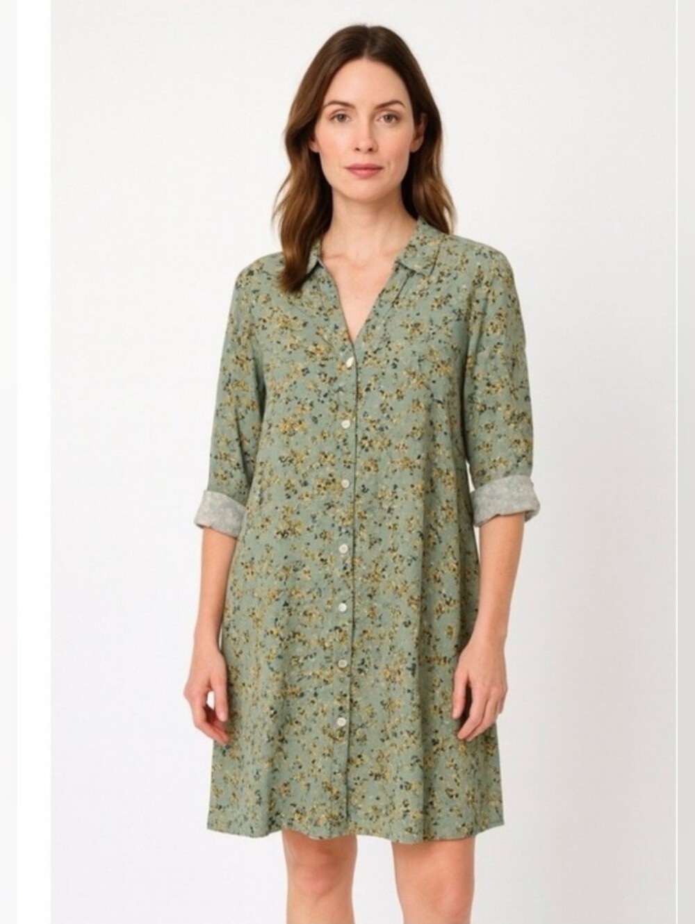 J. Jill Printed Tunic Button Front Floral Shirt Dress Sage Green M Cottagecore